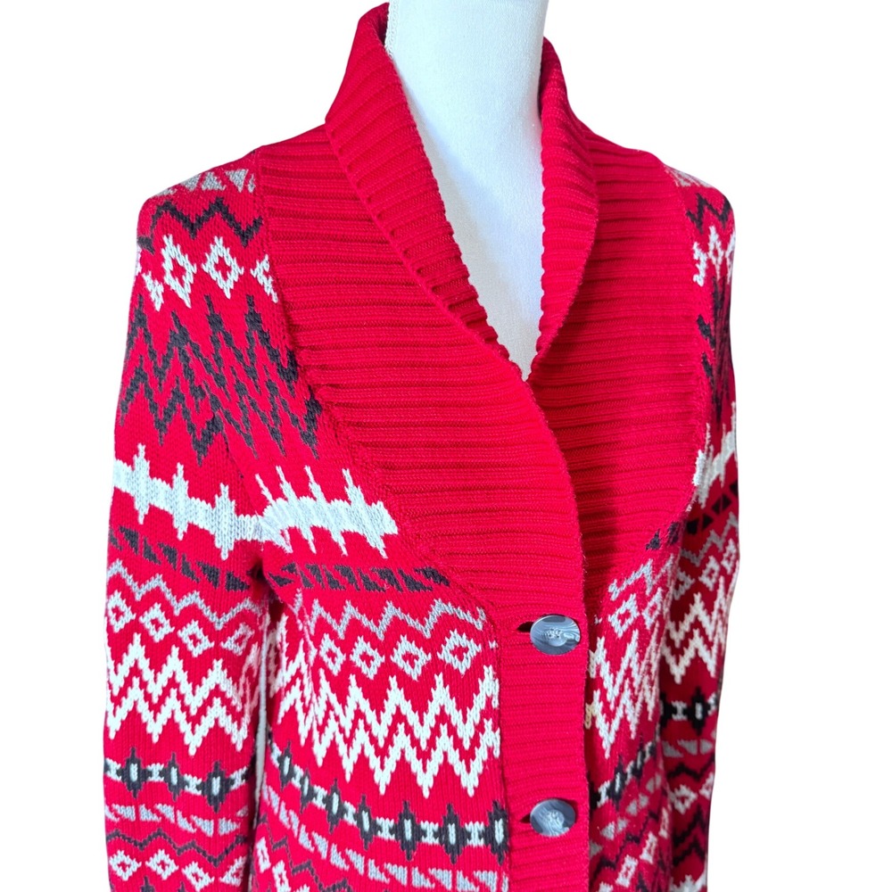 Bass G.H. Bass & Co Women's Red Fair Isle Cotton Shawl Collar Cardigan Sweater M - Picture 9 of 13